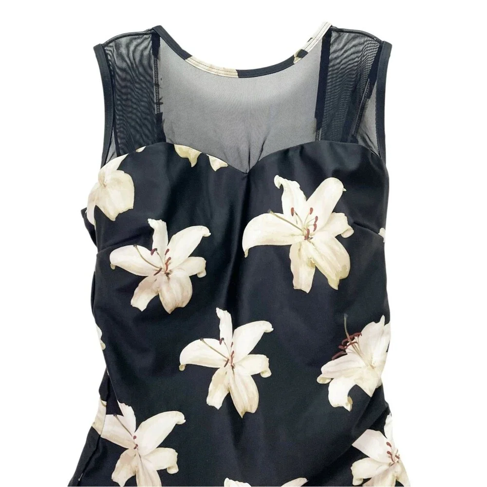 Albion Fit Maria One Piece Swimsuit Size Small Black Lily Mesh Floral UPF 45
